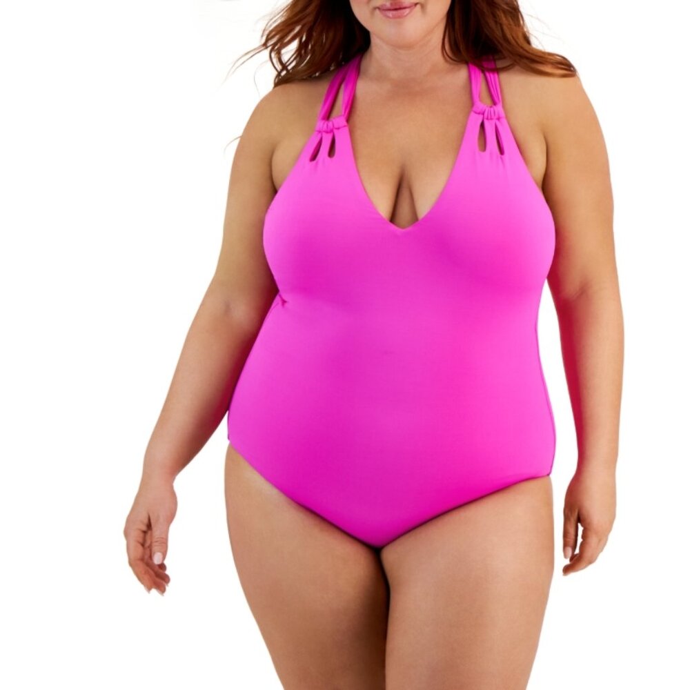 Becca Etc Plus Size Color Code Double-Strap One-Piece Swimsuit - Pink Flambe
